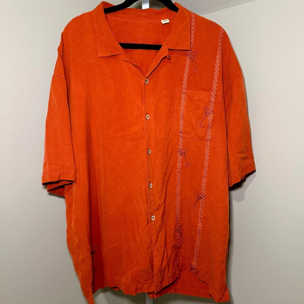 Tommy Bahama Mens XXL Burnt Orange 100% Silk Martini Embroidered Camp Shirt